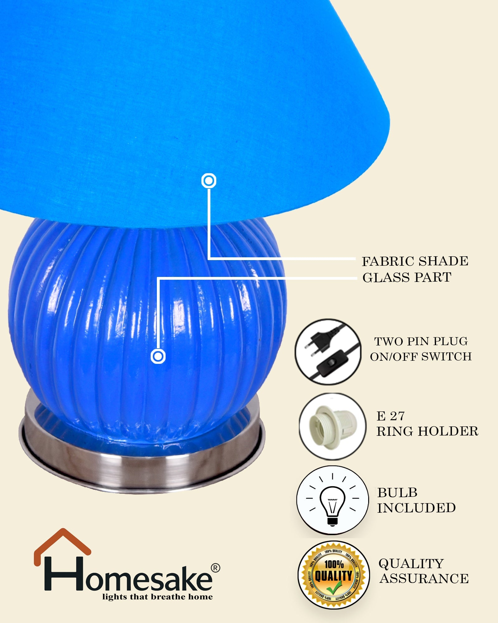 Ripple Glass Table Lamp with Fabric Shade, Bedside Nightstand Lamp for Cozy Bedroom, Living Room & Office