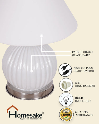 Ripple Glass Table Lamp with Fabric Shade, Bedside Nightstand Lamp for Cozy Bedroom, Living Room & Office