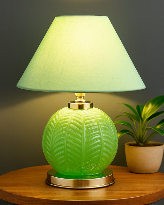 Homesake® Royal Leaf Glass Table Lamp with Fabric Shade, Bedside Nightstand Lamp for Cozy Bedroom, Living Room & Office, Ivory (Turquoise)