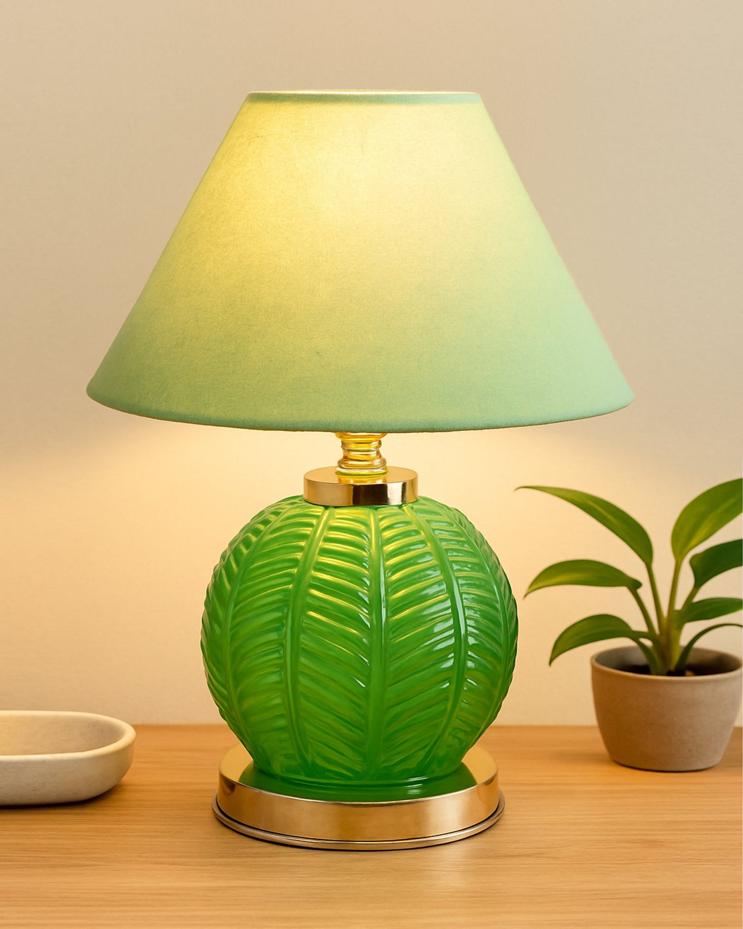 Homesake® Royal Leaf Glass Table Lamp with Fabric Shade, Bedside Nightstand Lamp for Cozy Bedroom, Living Room & Office, Ivory (Turquoise)
