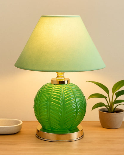 Homesake® Royal Leaf Glass Table Lamp with Fabric Shade, Bedside Nightstand Lamp for Cozy Bedroom, Living Room & Office, Ivory (Turquoise)