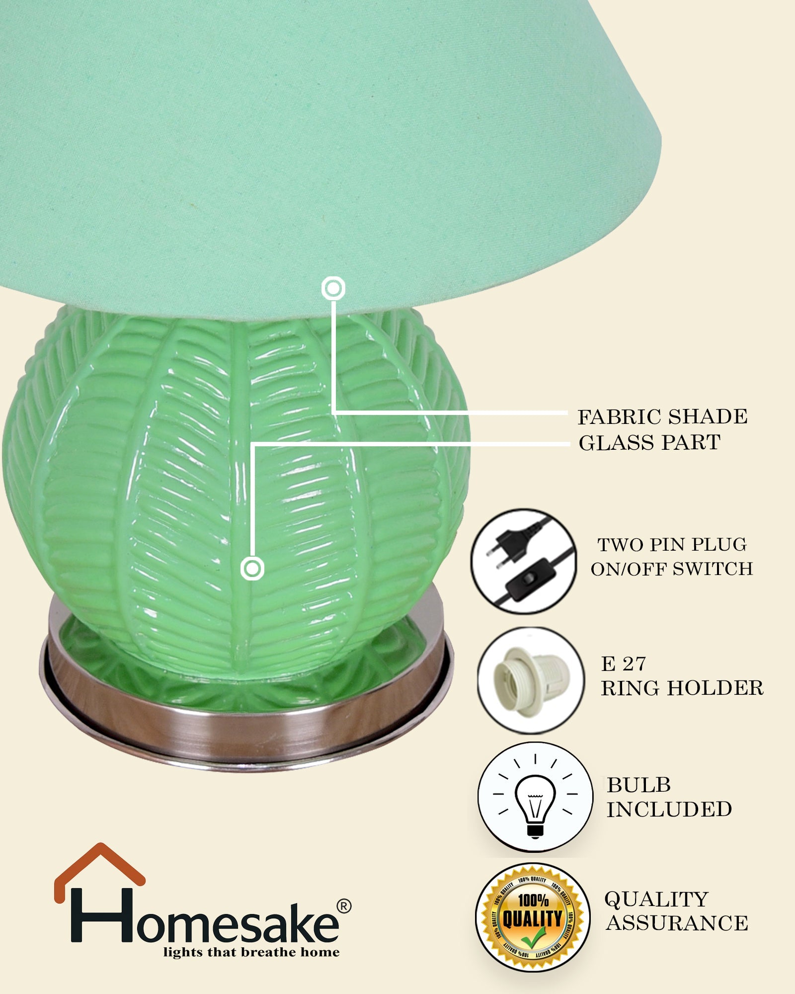 Homesake® Royal Leaf Glass Table Lamp with Fabric Shade, Bedside Nightstand Lamp for Cozy Bedroom, Living Room & Office, Ivory (Turquoise)