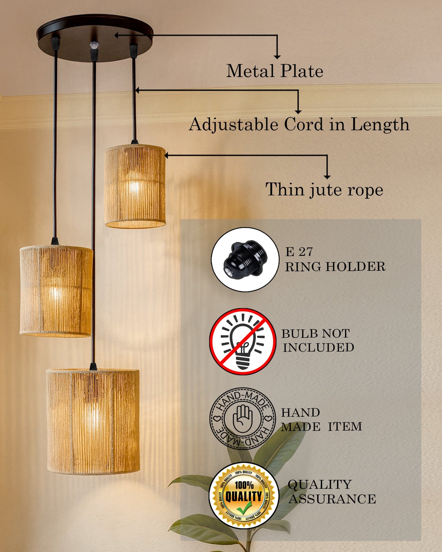 Homesake® Natural Raffia Triple Pendant Cluster Light, Boho Handwoven Textured Hanging Lamp, Modern Organic Interiors, Modern Pendant Light for Home Décor, Jute Hanging Ceiling Lamp