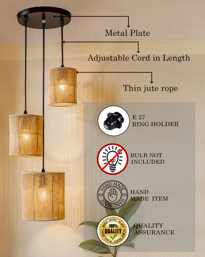 Homesake® Natural Raffia Triple Pendant Cluster Light, Boho Handwoven Textured Hanging Lamp, Modern Organic Interiors, Modern Pendant Light for Home Décor, Jute Hanging Ceiling Lamp