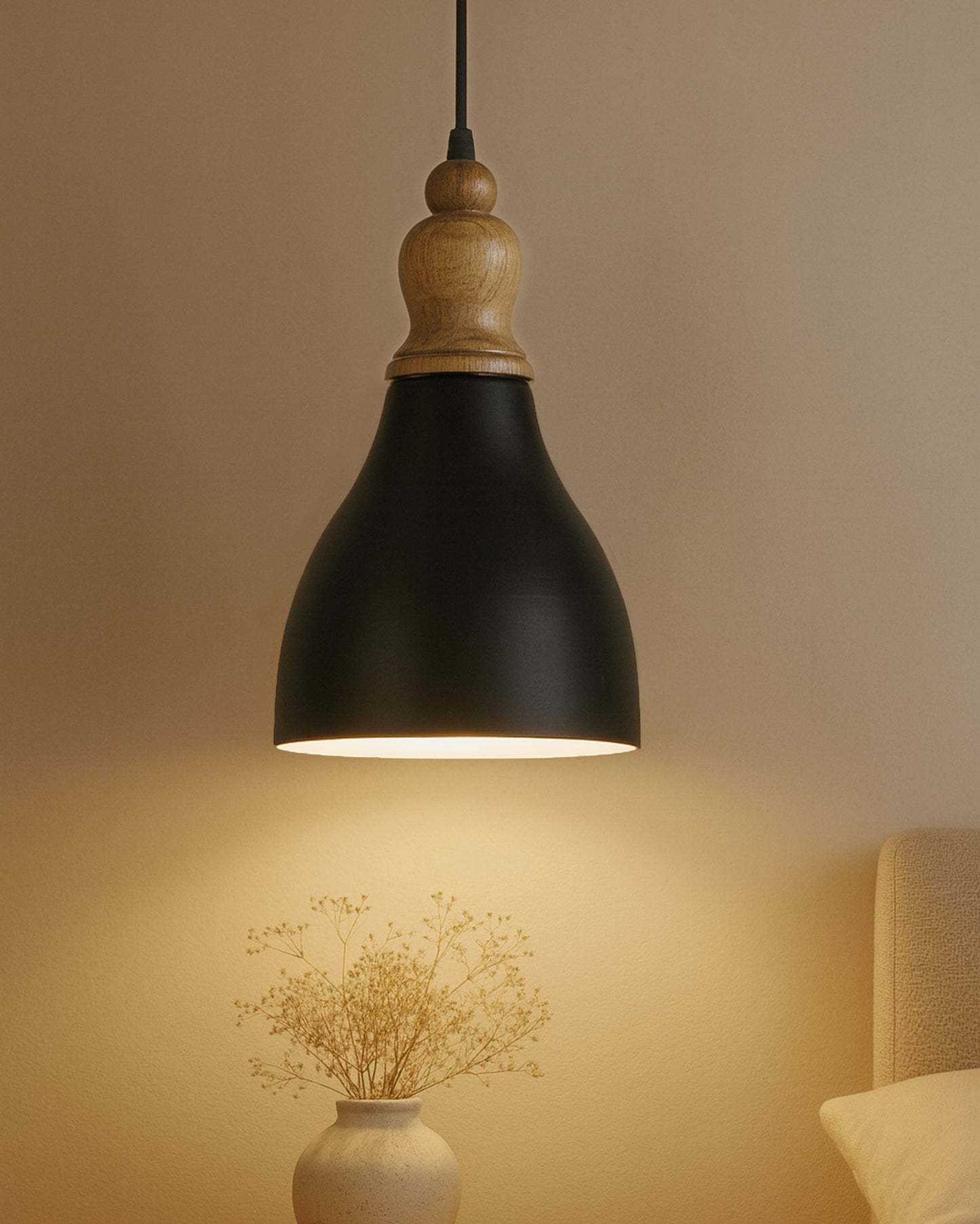 Homesake® Vanora Wooden Top Black Pendant Light for Living Room | Modern Dome Hanging Lamp for Bedroom & Dining | Wood Metal Warm Light, Croft, Step