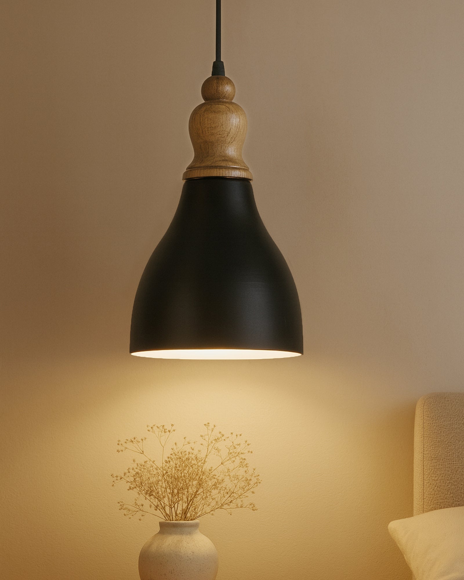 Homesake® Vanora Wooden Top Black Pendant Light for Living Room | Modern Dome Hanging Lamp for Bedroom & Dining | Wood Metal Warm Light, Croft, Step
