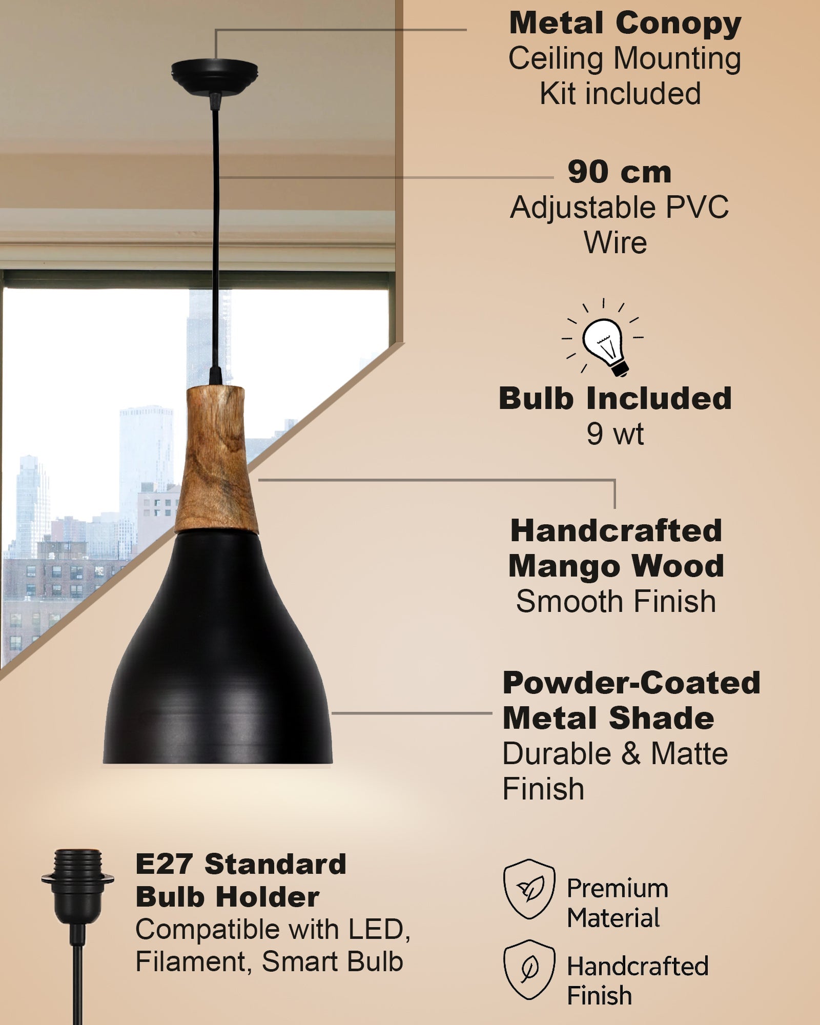 Homesake® Vanora Wooden Top Black Pendant Light for Living Room | Modern Dome Hanging Lamp for Bedroom & Dining | Wood Metal Warm Light, Croft, Step