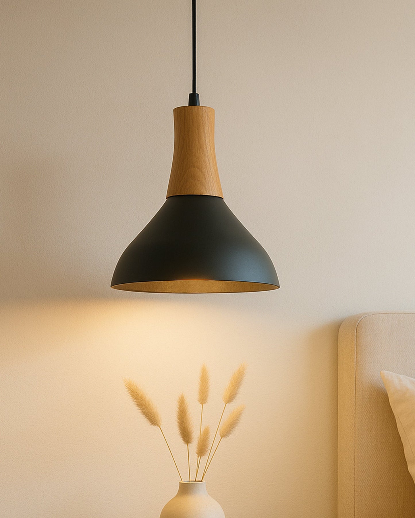 Homesake® Vanora Wooden Top Black Pendant Light for Living Room | Modern Dome Hanging Lamp for Bedroom & Dining | Wood Metal Warm Light, Croft