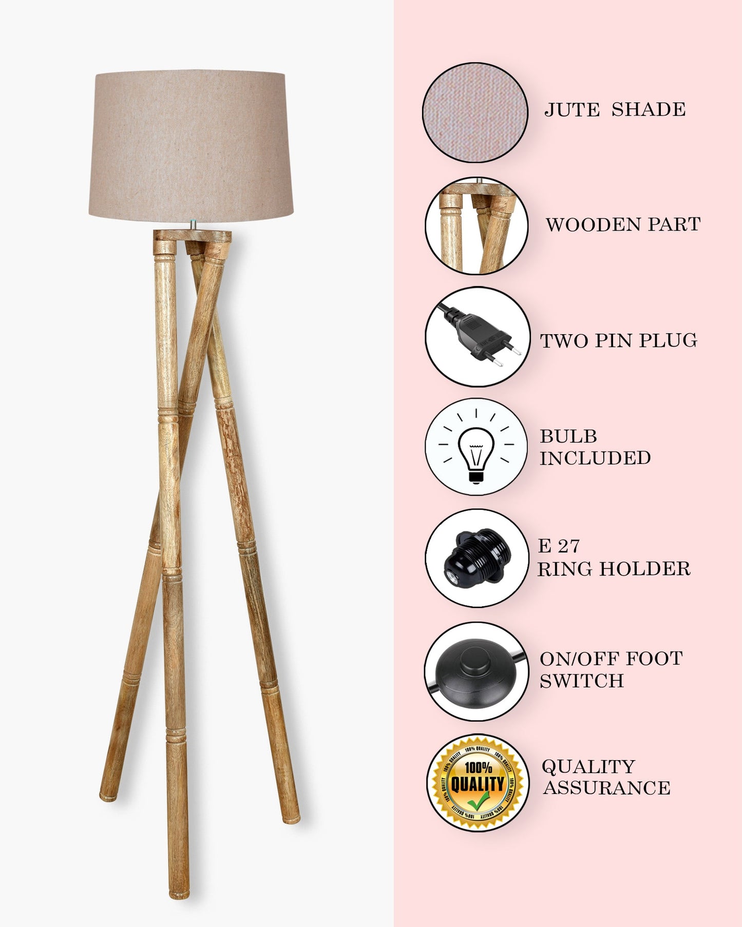 Cross-leg Wood Tripod Floor Lamp, Mid Century Standing Lamp, E27 Lamp Base, With Shade Modern Design Floor Reading Lamp for Living Room Bedroom, Study Room and Office