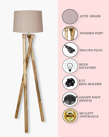 Cross-leg Wood Tripod Floor Lamp, Mid Century Standing Lamp, E27 Lamp Base, With Shade Modern Design Floor Reading Lamp for Living Room Bedroom, Study Room and Office