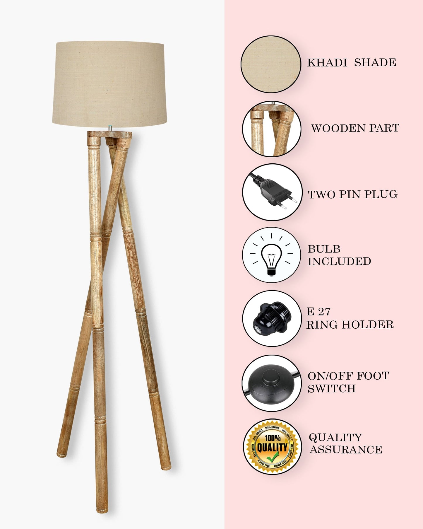 Cross-leg Wood Tripod Floor Lamp, Mid Century Standing Lamp, E27 Lamp Base, With Shade Modern Design Floor Reading Lamp for Living Room Bedroom, Study Room and Office