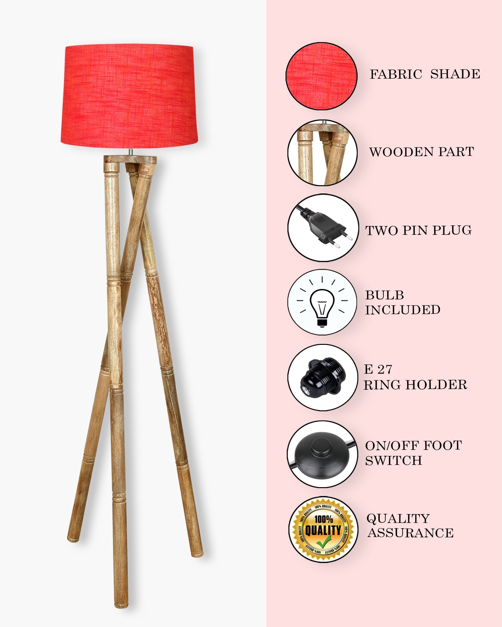 Cross-leg Wood Tripod Floor Lamp, Mid Century Standing Lamp, E27 Lamp Base, With Shade Modern Design Floor Reading Lamp for Living Room Bedroom, Study Room and Office