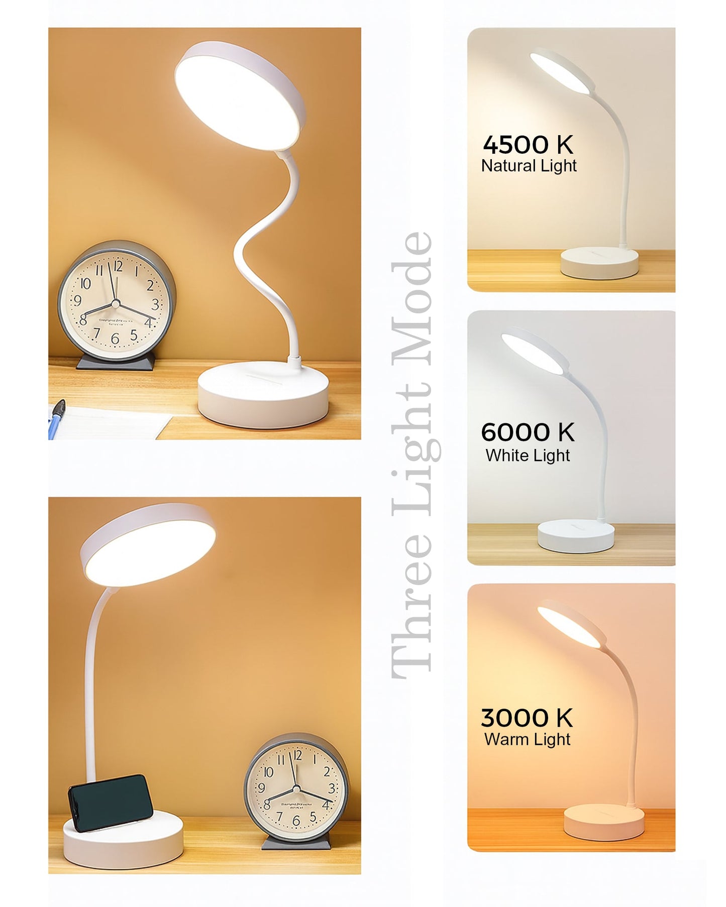 Desk Lamp Rechargeable Battery Operated 3 Level Brightness Study Table Lamp for Students, Study Lamp for Office Table, Night Light for Study Room | Reading Light with Mobile Stand, White