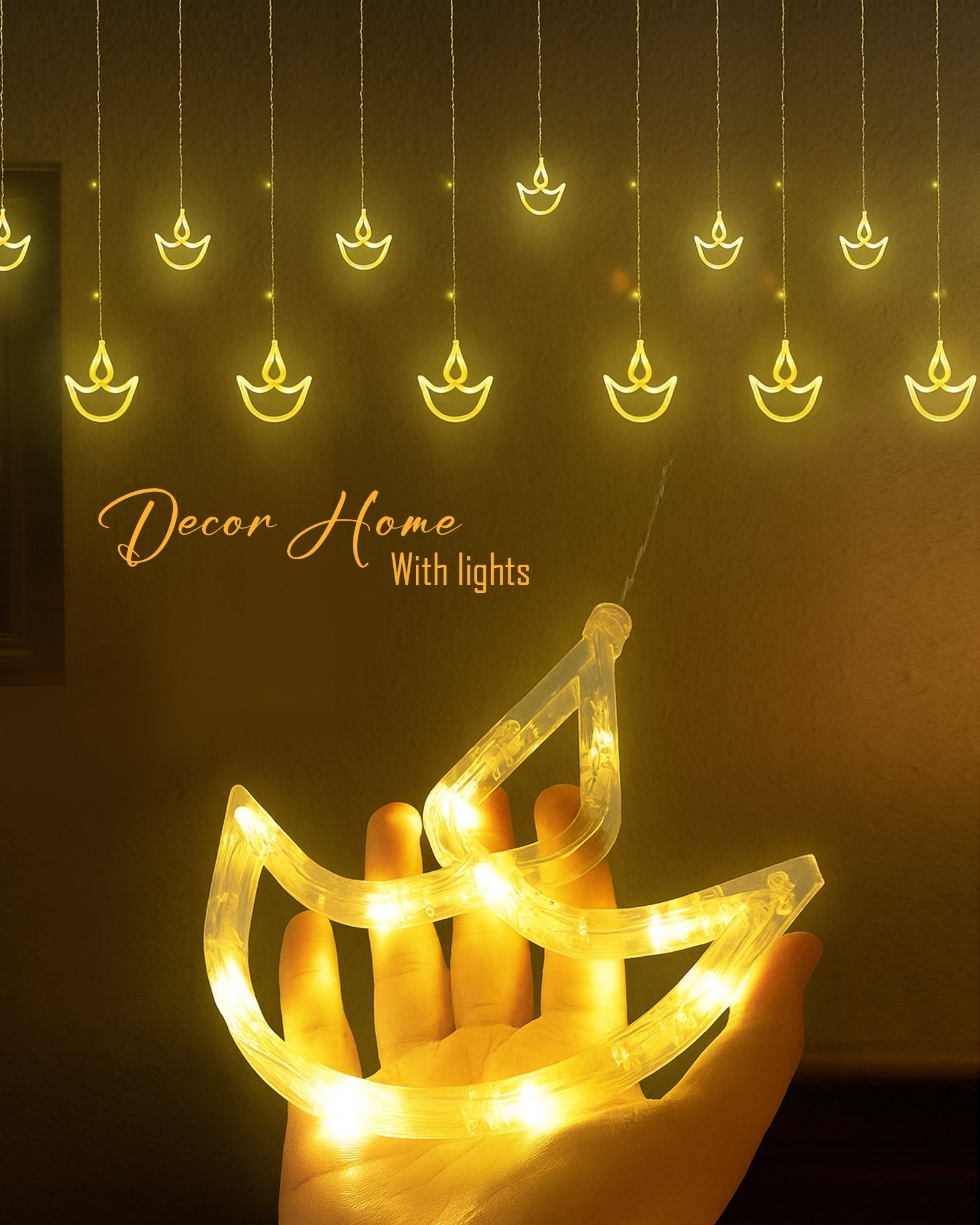 Homesake® 12 Diya Curtain Fairy String Led Diya Light with Plug in String Lights with 8 Modes, Diwali, Christmas Festive Lights, Pooja Room Decor for Indoor Outdoor Window Wall Home Party (Warm White)