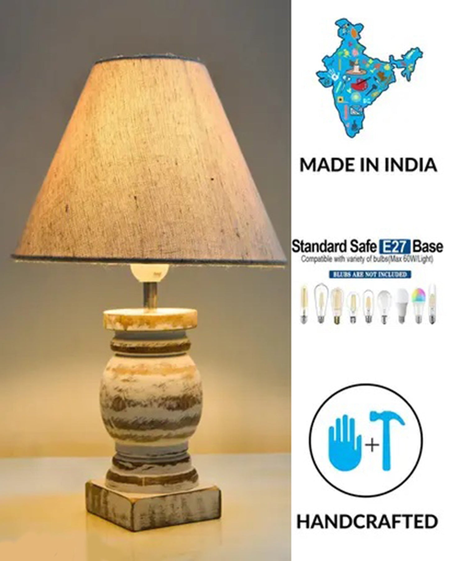 Small Table Lamp for Bedroom Whitewash Distress Living Room Simple Retro Wood Grain Farmhouse Bedside Lamps Suitable for Nightstand, Gift, Trophy, Jute Shade