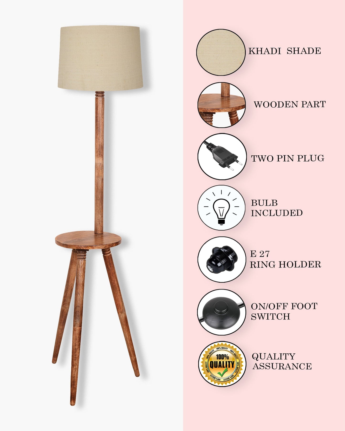 Table,Tripod Wooden Floor Lamp, Mid Century Standing Lamp, E27 Lamp Base, With Shade Modern Design Floor Reading Lamp for Living Room Bedroom, Study Room and Office