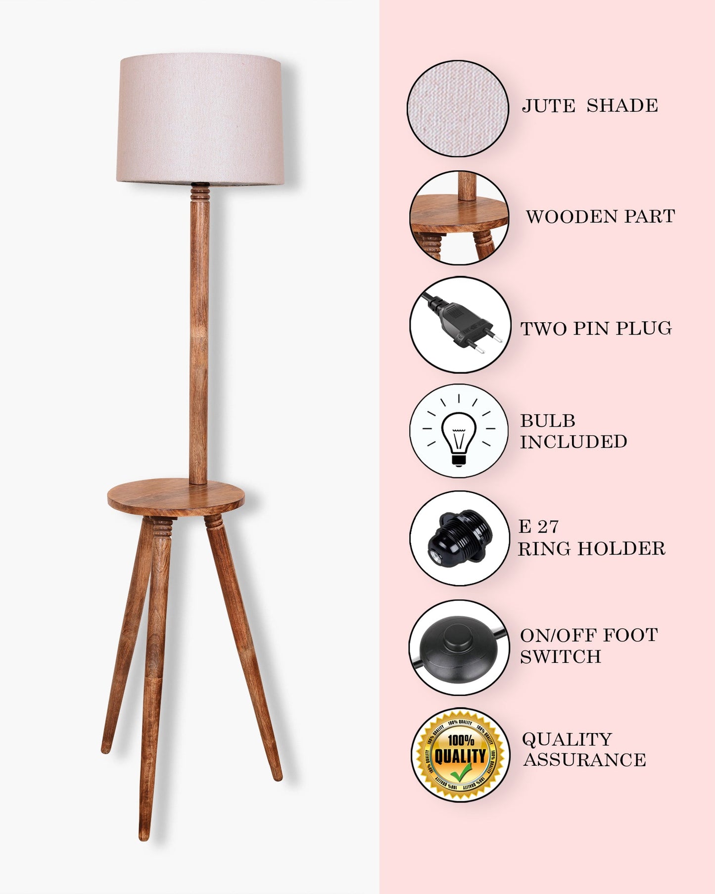 Table,Tripod Wooden Floor Lamp, Mid Century Standing Lamp, E27 Lamp Base, With Shade Modern Design Floor Reading Lamp for Living Room Bedroom, Study Room and Office